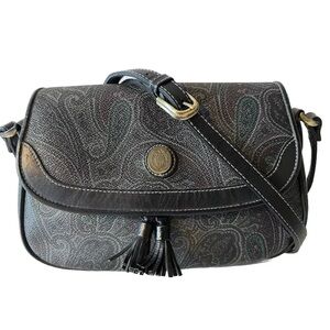 Vintage Liz Claiborne Genuine Leather Trim Blue Paisley Small Crossbody Bag